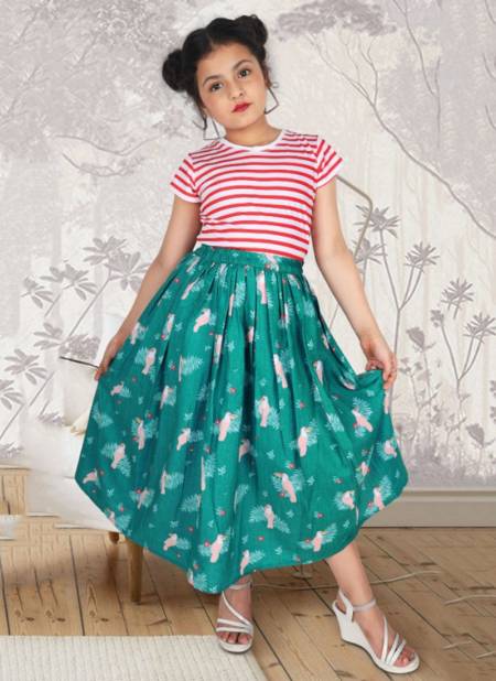 Sea Green Colour VIIARA Fancy Western style Party Wear T-shirt And Skirt  Stretchable Lycra Kids Girls Wear Collcetion VIIARA 01